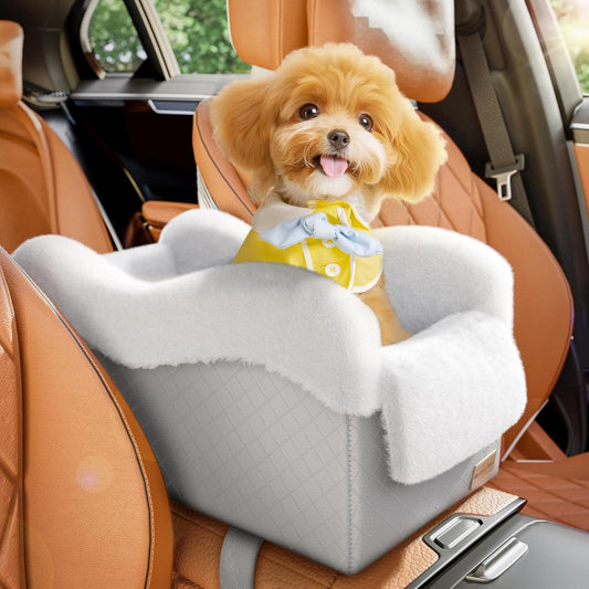 Portable Small Dog Seat for Car,Luxury Center Console Dog Car Seat Booster with Safety Tethers,Auti-Collapse Pet Travel Carrier for SUV,Truck.(Light Grey/White) - Pet Explorer