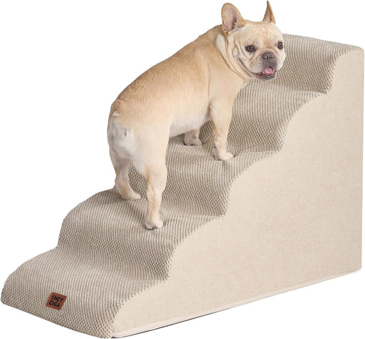 EHEYCIGA Curved Dog Stairs Ramp for High Beds 22.6" H, 5-Step Dog Steps for Small Dogs and Cats, Pet Stairs for High Bed Climbing, Non-Slip Balanced Pet Step Indoor, Beige - Pet Explorer