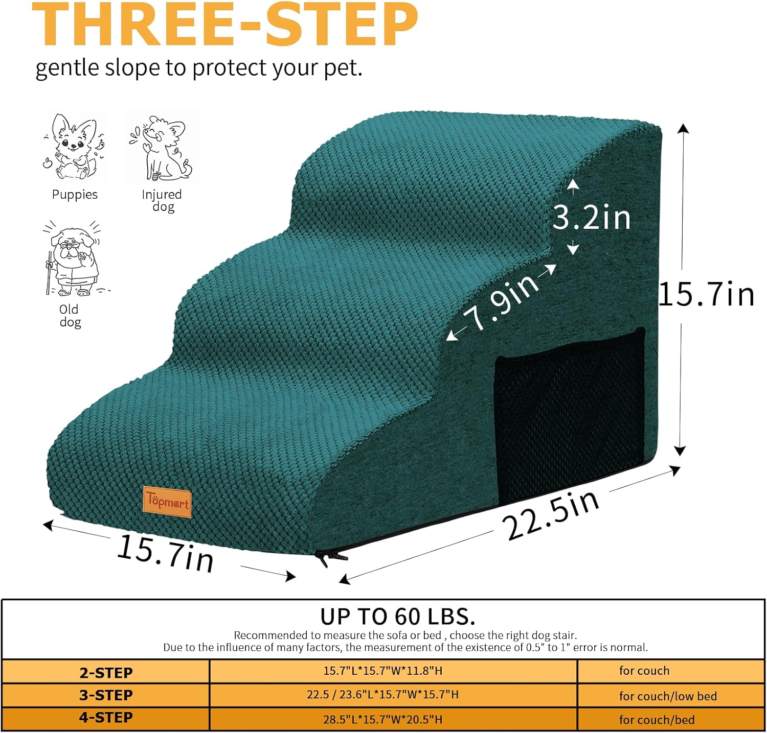 Topmart 3 Tiers Foam Dog Ramps/Steps,Non-Slip Pet Steps,Extra Wide Deep Dog Stairs,High Density Foam Pet Stairs/Ladder,Best for Older Dogs,Cats,Small Pets - Pet Explorer