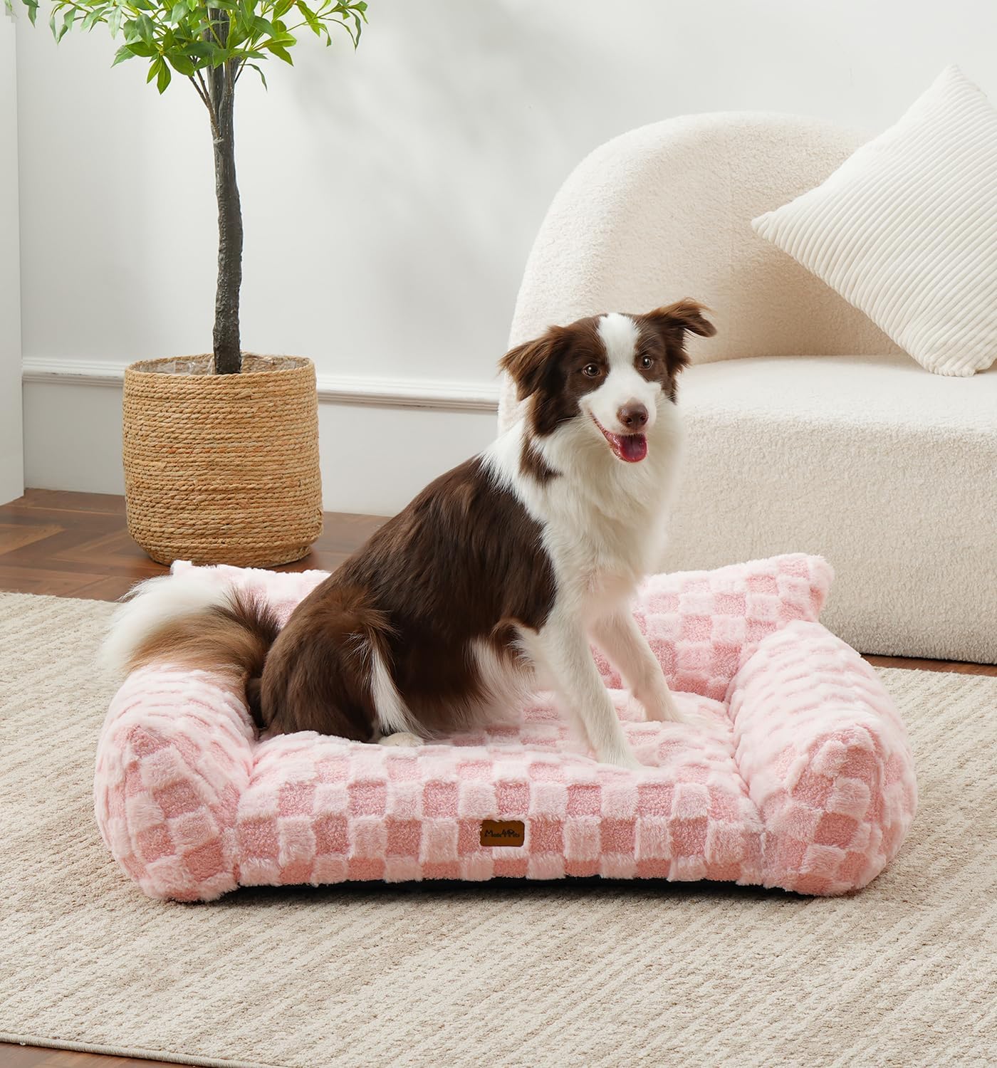 Made4Pets Cat and Dog Couch Bed, Soft Faux Fur Checkered Pet Sofa, Cozy Fluffy Pet Sofa with Supportive Foam, Removable Washable Cover with Non-Slip Base, Pink, Medium - Pet Explorer
