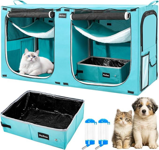 Huge Sapce Double Compartment Cat Travel Carrier with Litter Box & Homack | Cat Show Kennel Cage Crate with Mat & Water Bottle