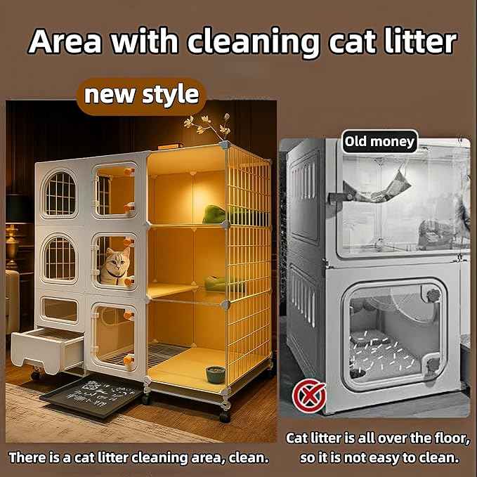 Indoor cat cage with Litter Box, Complimentary Cat Bed, Bow,lcat House with Wheels Outdoor,Large cat Villa Playpen, Small Animal Dog Kennel cat enclosures (41″(L) x18″(W) x46″(H))