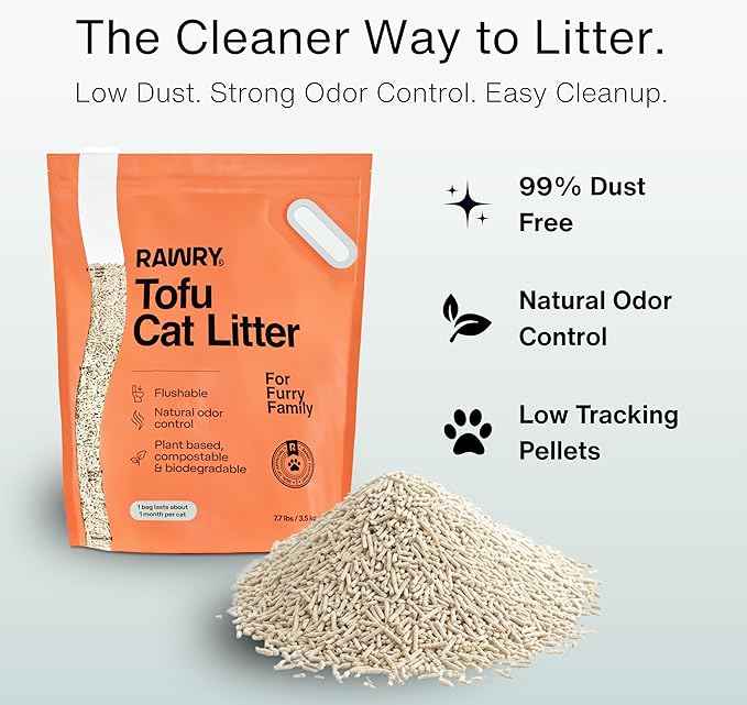 RAWRY Tofu Cat Litter | Clumping, Dust-Free, Unscented, Natural Compostable & Flushable Kitty Litter for Odor Control (1 Month, 7.7 lbs)