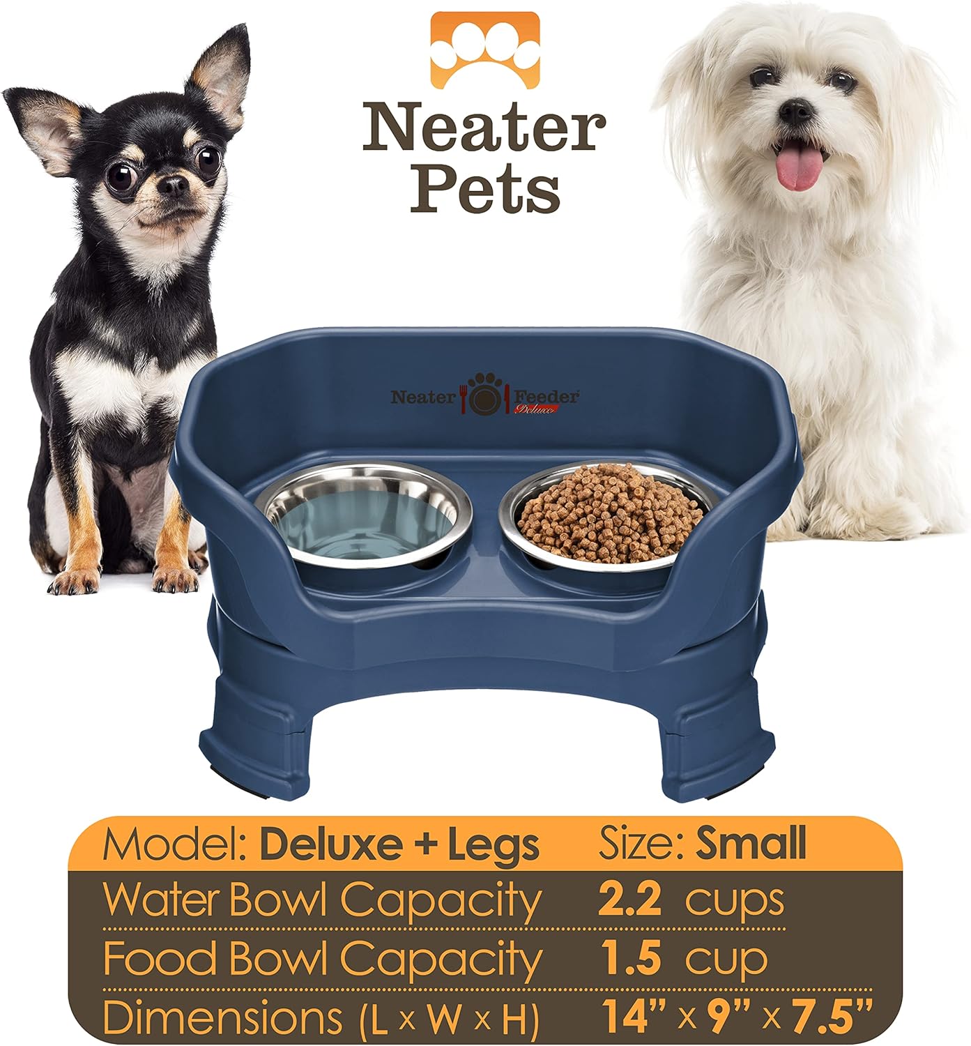 Neater Feeder Deluxe Mess Proof Dog Bowls Elevated for Small Breeds – Made in USA – No Spill Raised Dog Food Bowl Stand w/Leg Extensions – Stainless Steel Food and Water Bowl Set – Dark Blue - Pet Explorer