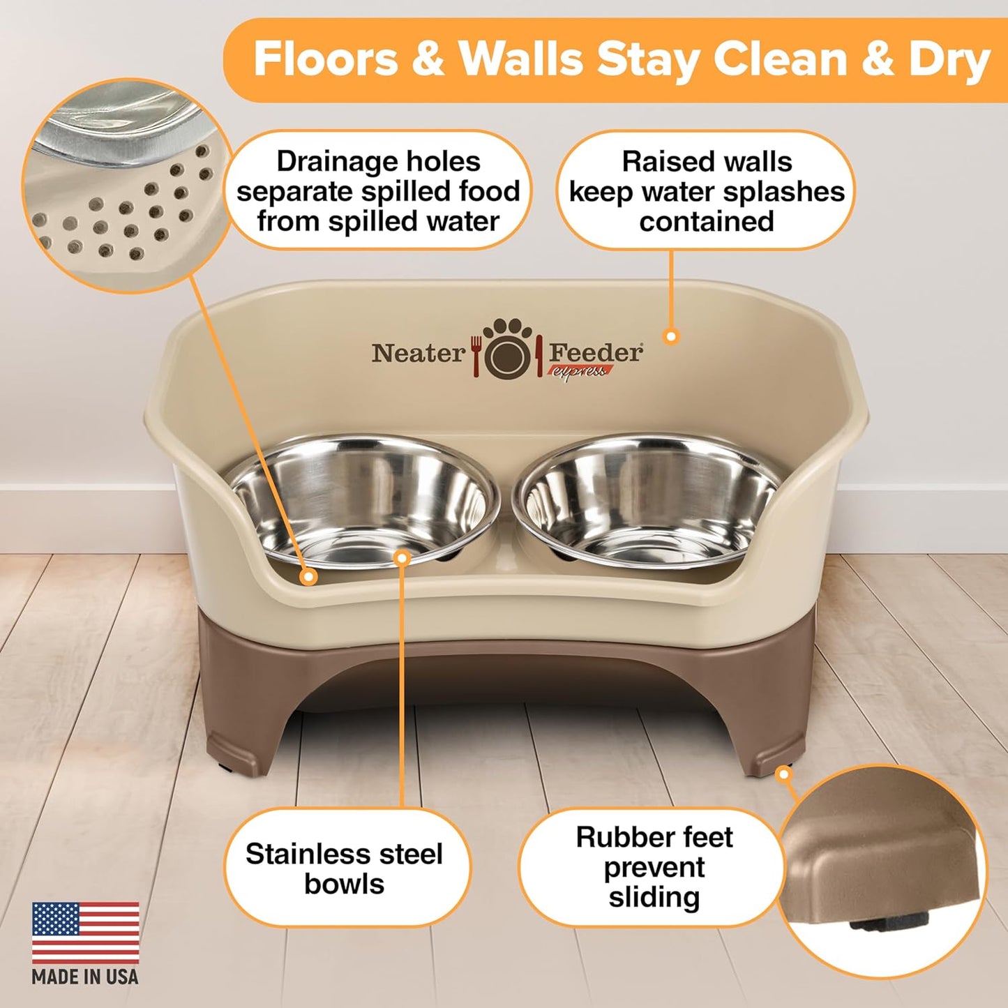 Neater Feeder Express Mess Proof Dog Bowls Elevated for Medium to Large Sized Breed, No Spill Raised Dog Food Bowl Stand, Stainless Steel Food and Water Bowl Set, Pet Dish Feeding Station, Cappuccino