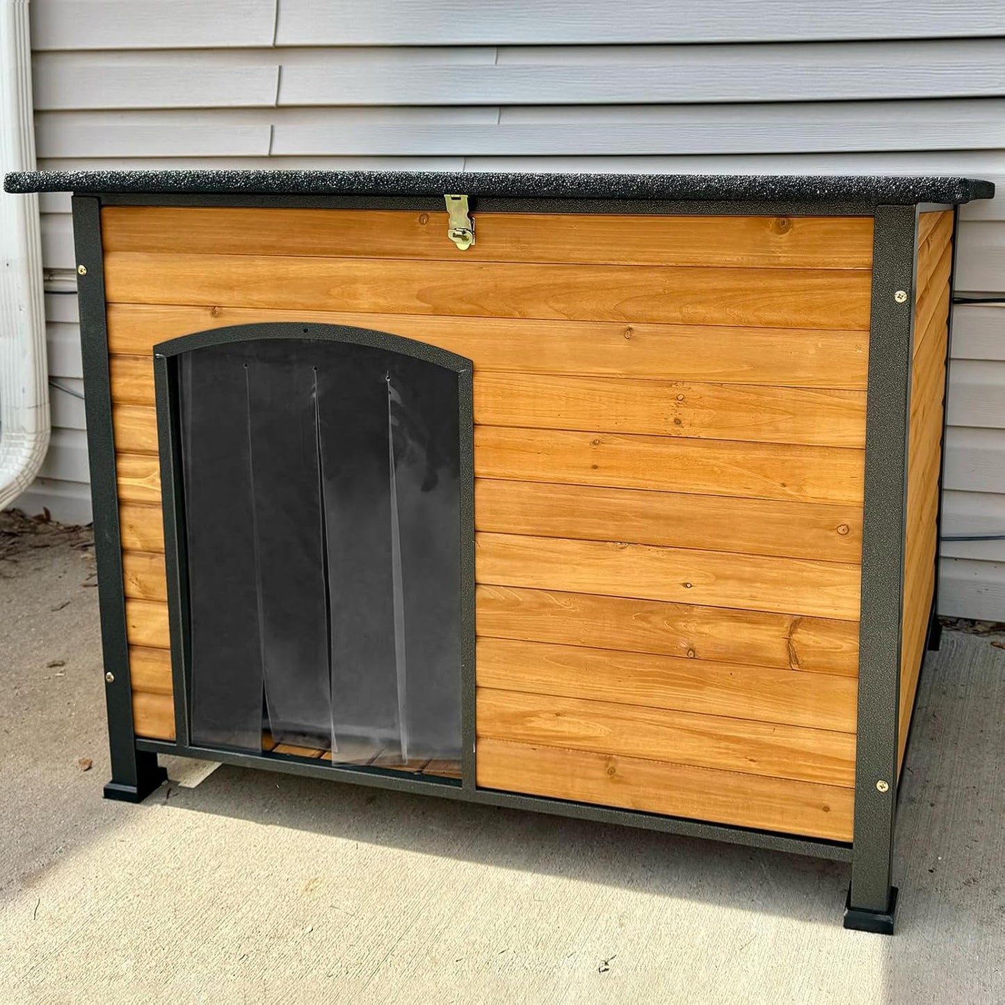 Insulated Outdoor Dog House with Liner for Winter Wooden Dog Kennel with All-Around Iron Frame,Waterproof - Pet Explorer