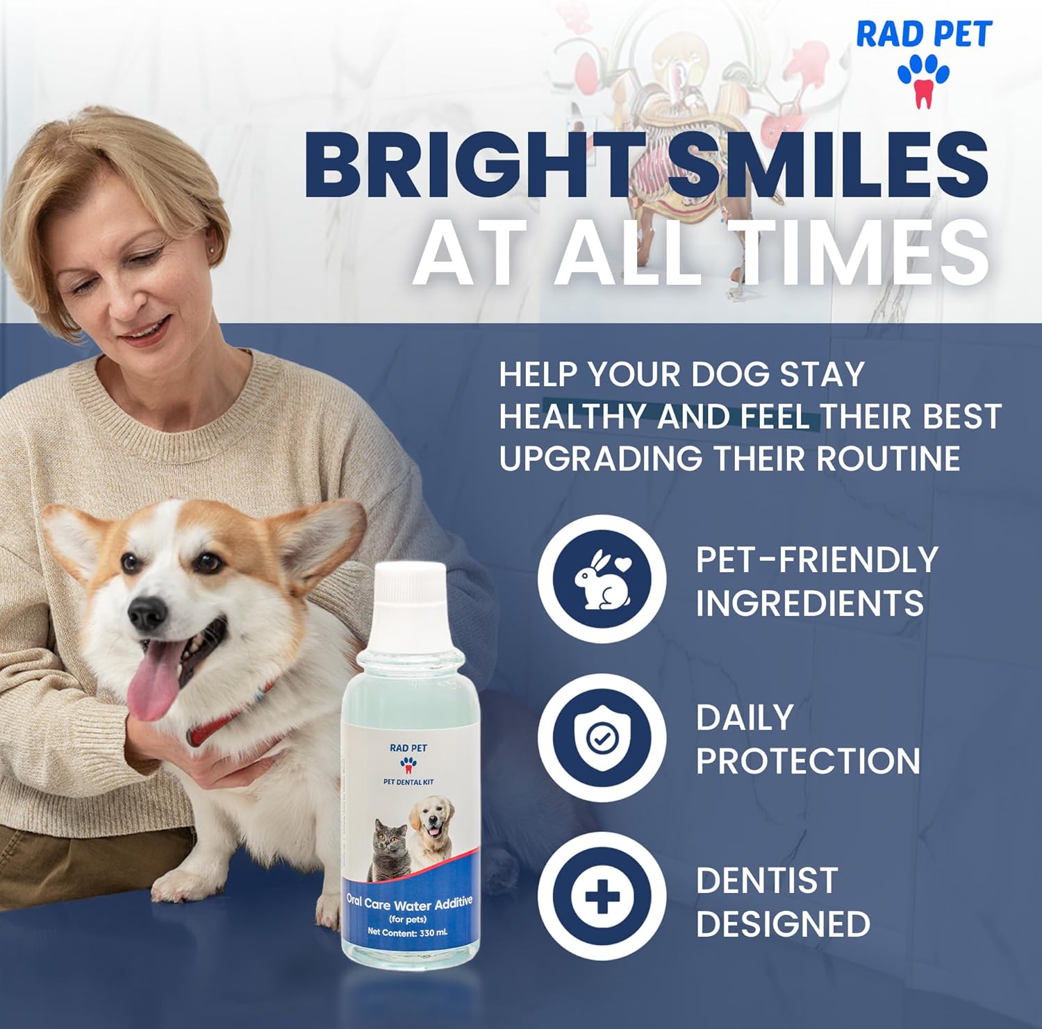 Rad Health Water Additive – Dog Dental Water Additive for Fresh Breath, Plaque & Tartar Control, Easy Mouthwash for Dogs & Cats, 330ml Formula Supports Daily Oral Hygiene, No Brushing Needed - Pet Explorer