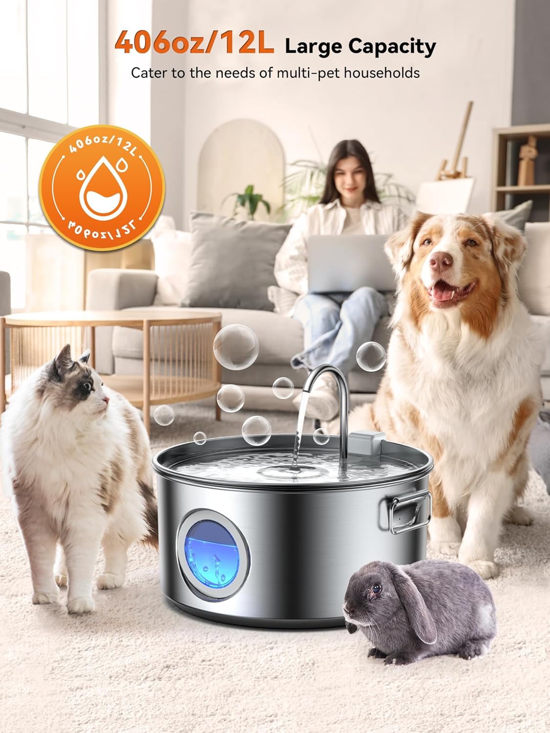 Dog Water Fountain for Large Dogs, 3.2Gal/406oz/12L Stainless Steel Pet Water Fountain, Quiet Dog Water Bowl Dispenser with Visible Window for Large Dog, Multi-pet Home - Pet Explorer