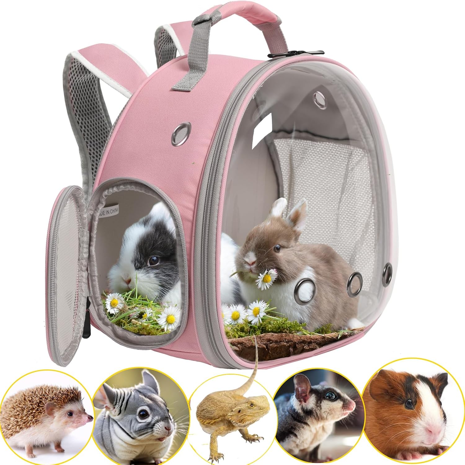 Hamster Backpack Carrier, Bearded Dragon Carrier Backpack with Clear Bubble Window,Small Animal Travel Backpack for Hedgehog Rat,Chameleon,Rabbit,Sugar Glider,Airline Approved (Pink, Backpack) - Pet Explorer