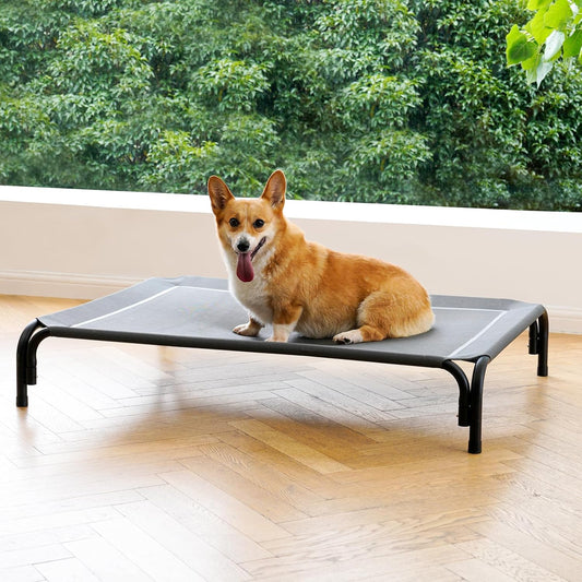 Elevated Dog Bed Raised Outdoor Dog Cot for Medium Dogs, Installation Requires No Tools, Frame with Washable Cooling Breathable Mesh Anti-Slip Feet, Indoor Pet Bed, Grey, 35.4 Inches - Pet Explorer