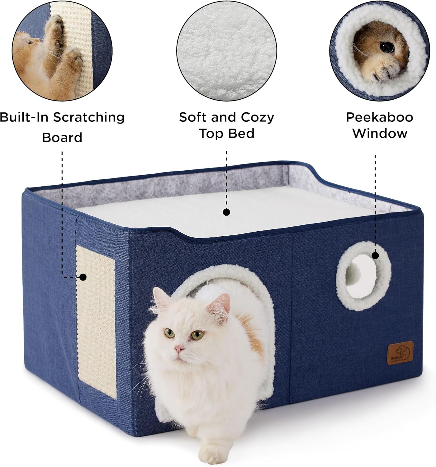 Bedsure Large Cat Beds for Indoor Cats - Extra Wide Cat Cube House for Small Pet with Fluffy Ball Hanging and Scratch Pad, Foldable Pet Cave Hideaway for Multiple Cats, 23.6x16.9x13 inches, Blue - Pet Explorer