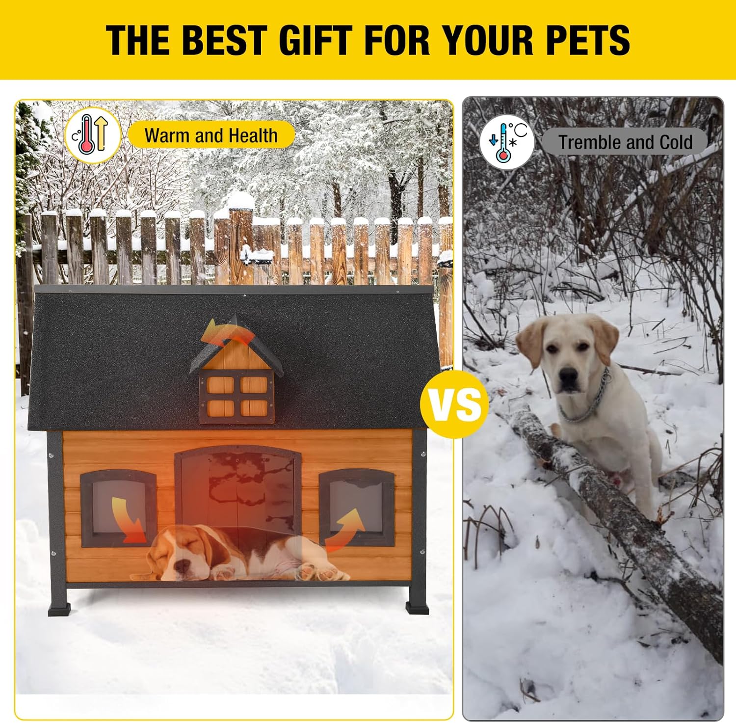 Aivituvin Dog House with Insulated Liner Anti-Chewing Metal Frame Design Insulated Wooden Dog Kennel with Unique Design Roof, Weatherproof Dog House for Outdoor Indoor - Pet Explorer