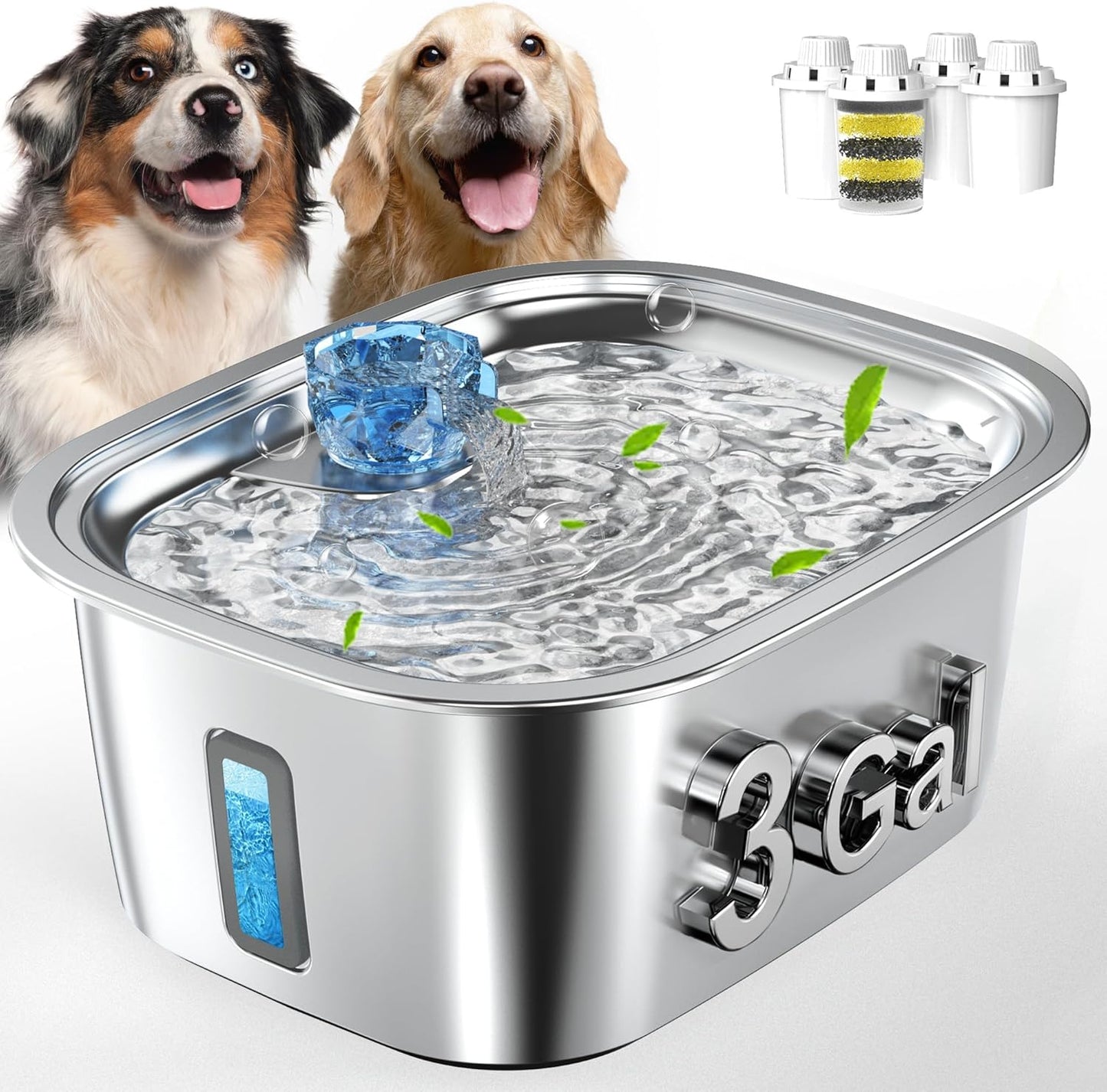 Dog Water Fountain for Large Dogs - 3 Gallon Stainless Steel Dog Water Bowl Dispenser with 4 Filters, Automatic Big Extra Large Capacity Pet Water Fountain, Easy Clean with Quiet Pump - Pet Explorer