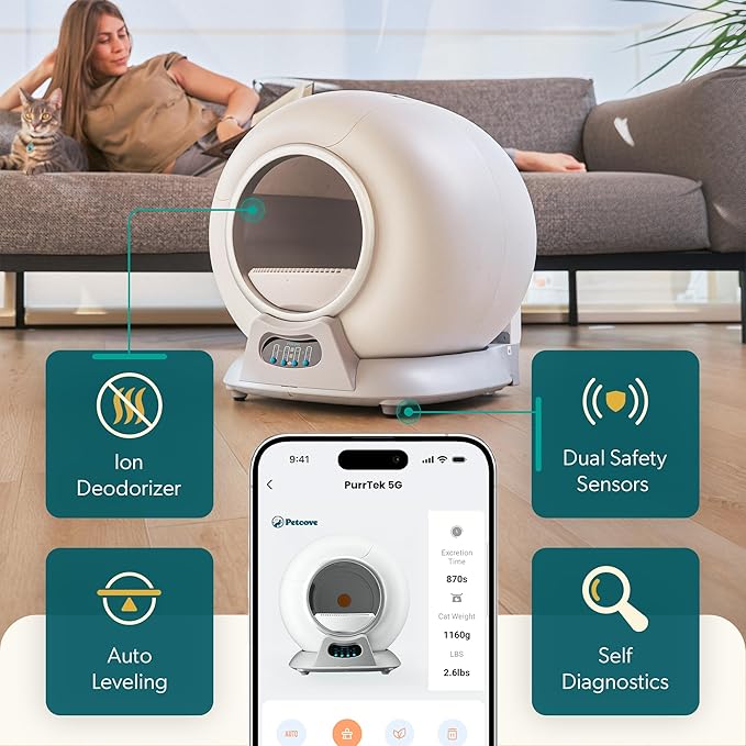 Petcove – Automatic Self Cleaning Litter Box – PurrTek Smart Automatic Litter Box for Multi-Cat Homes with 5GHz Wi-Fi App Control, Triple Odor Neutralizer, Quiet Operation & Anti-Pinch Safety