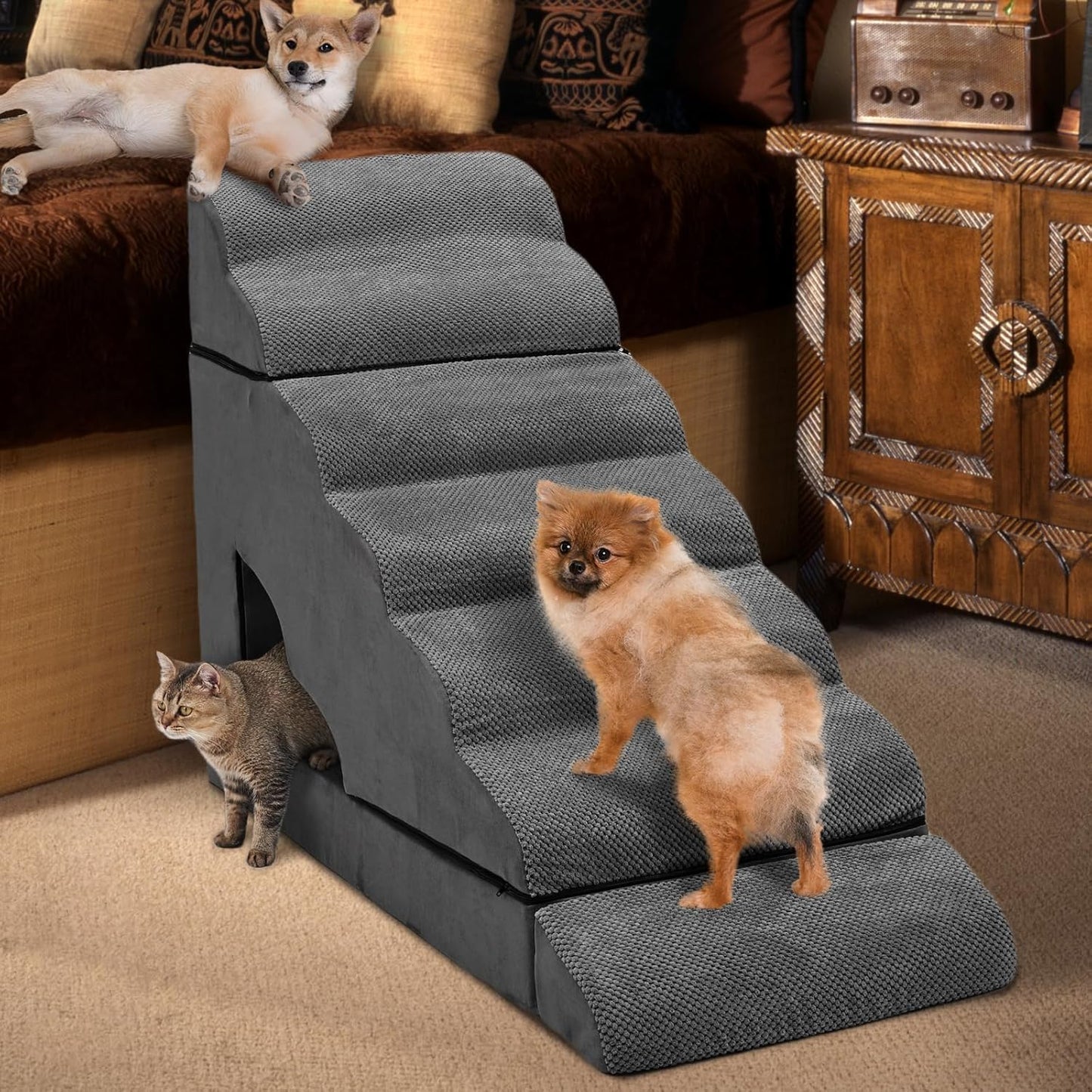Foam Dog Stairs & Steps Ramps for High Beds 30-36 inches High Tall Large Dogs, LitaiL 7 Step Pet Stairs Steps for High Beds 30 inch Small Dogs, Non-Slip Dog Ramps for Bed - Pet Explorer