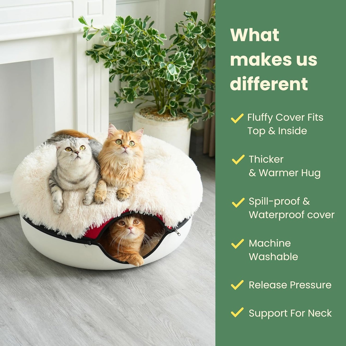 CATTASAURUS Peekaboo Cat Cave for Multiple & Large Cats Up to 30-45 Lbs, Fluffy Cat Beds & Furniture, Scratch Detachable & Washable Tunnel Bed, Comfy Donut Bed (Ruby Snowball, Large (Calming)) - Pet Explorer