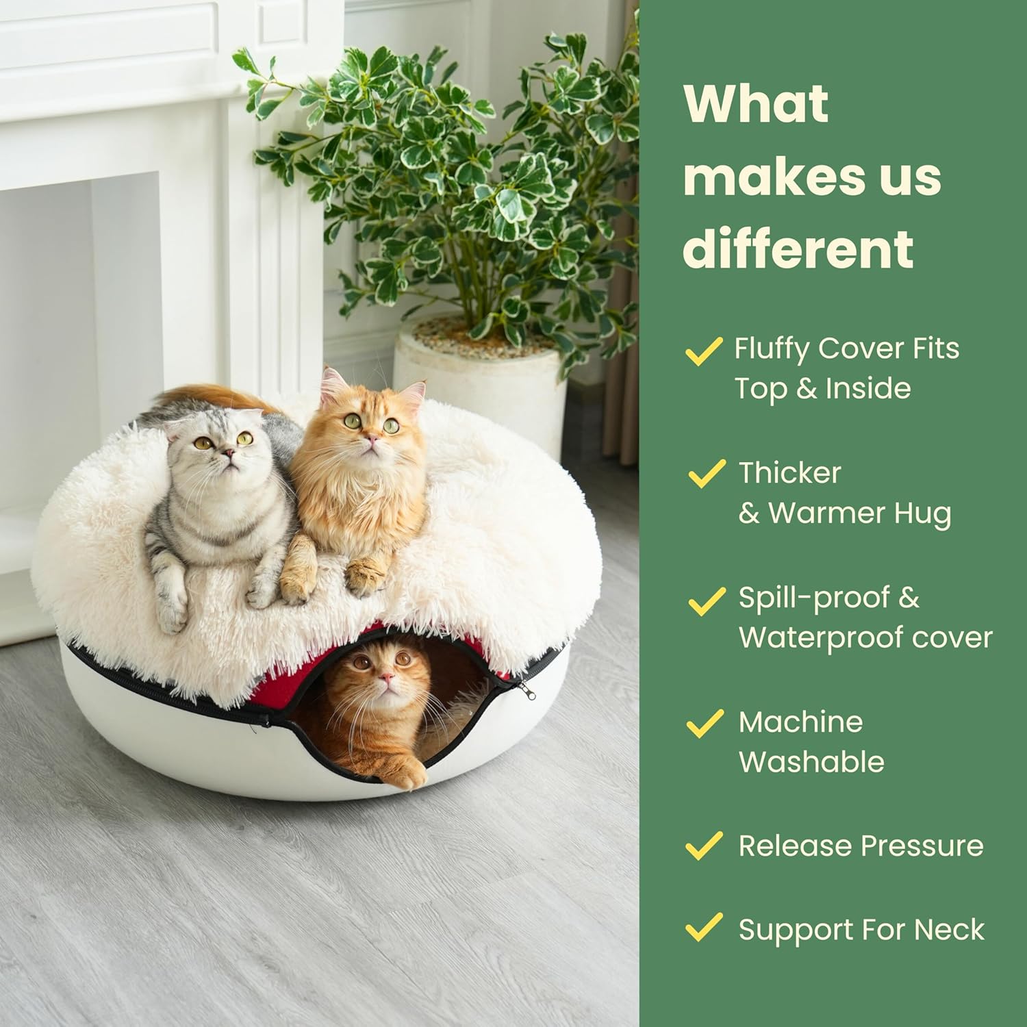 CATTASAURUS Peekaboo Cat Cave for Multiple & Large Cats Up to 30-45 Lbs, Fluffy Cat Beds & Furniture, Scratch Detachable & Washable Tunnel Bed, Comfy Donut Bed (Ruby Snowball, Large (Calming)) - Pet Explorer