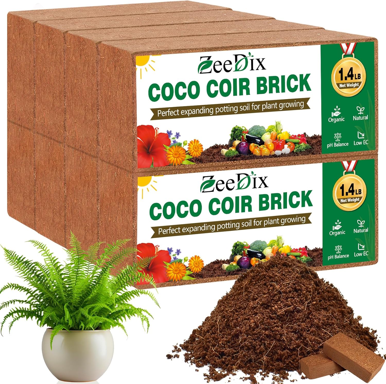 ZeeDix 8 Pack Coco Coir Brick (11.2lbs), 100% Organic Coconut Coir for Garden Soil & Potting Mix, Low EC and pH Balance, Compressed Coconut Husk Fiber for Seed Starter Soil for Indoor Outdoor Plants - Pet Explorer