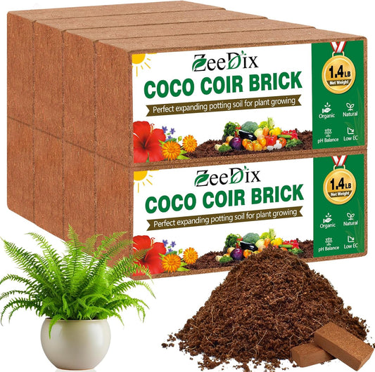 ZeeDix 8 Pack Coco Coir Brick (11.2lbs), 100% Organic Coconut Coir for Garden Soil & Potting Mix, Low EC and pH Balance, Compressed Coconut Husk Fiber for Seed Starter Soil for Indoor Outdoor Plants - Pet Explorer