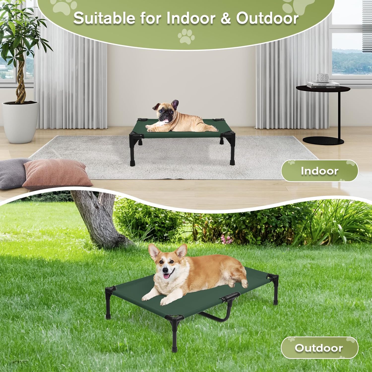 Outdoor Elevated Dog Beds Medium Sized Dog, Cooling Raised Dogs Cots Bed with Breathable Mesh, Portable Lifted Pet Hammock, Non-Slip Feet, Green, M - Pet Explorer