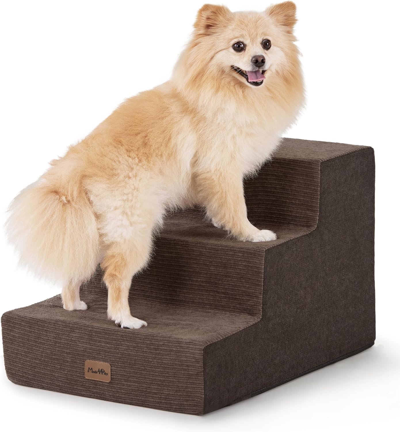 Made4Pets Dog Stairs for Small Dogs, Extra Wide Dog Steps for Bed Couch Sofa and Chair, 35D Foam Pet Steps for Small Dogs and Cats, Non-Slip Bottom Pet Stairs, Brown, 3 Steps - Pet Explorer