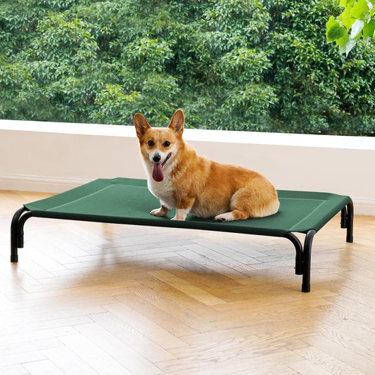 Elevated Dog Bed Raised Outdoor Dog Cot for Medium Dogs, Installation Requires No Tools, Frame with Washable Cooling Breathable Mesh Anti-Slip Feet, Indoor Pet Bed, Green, 35.4 Inches - Pet Explorer