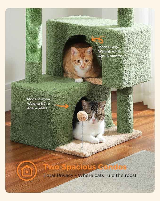 45-Inch Green Cat Tree with 2 Condos for Indoor Cats,Cat Tower with Scratching Posts for Small Cats,Cactus Cat Tree Tower with Hammock and Cat Toys