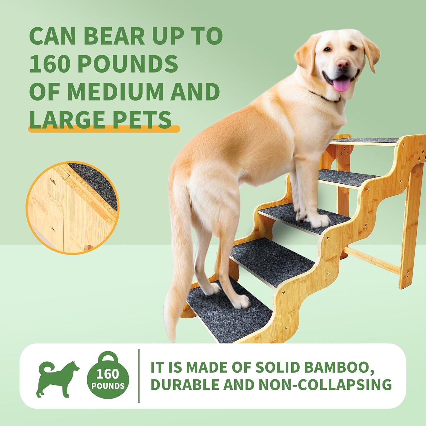 Dog Steps for Bed,24 Inches 5 Step Dog Stairs for Senior Pets to Get On 30 Inches High Beds/Car,Made of Bamboo Can Support Large Dogs Weighing Up to 160 LB - Pet Explorer