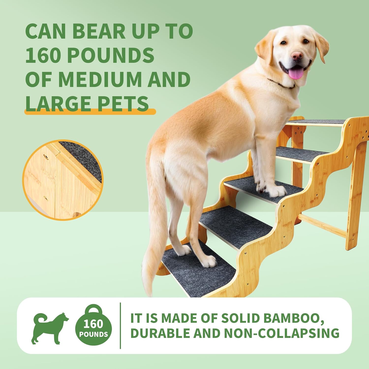 Dog Steps for Bed,24 Inches 5 Step Dog Stairs for Senior Pets to Get On 30 Inches High Beds/Car,Made of Bamboo Can Support Large Dogs Weighing Up to 160 LB - Pet Explorer