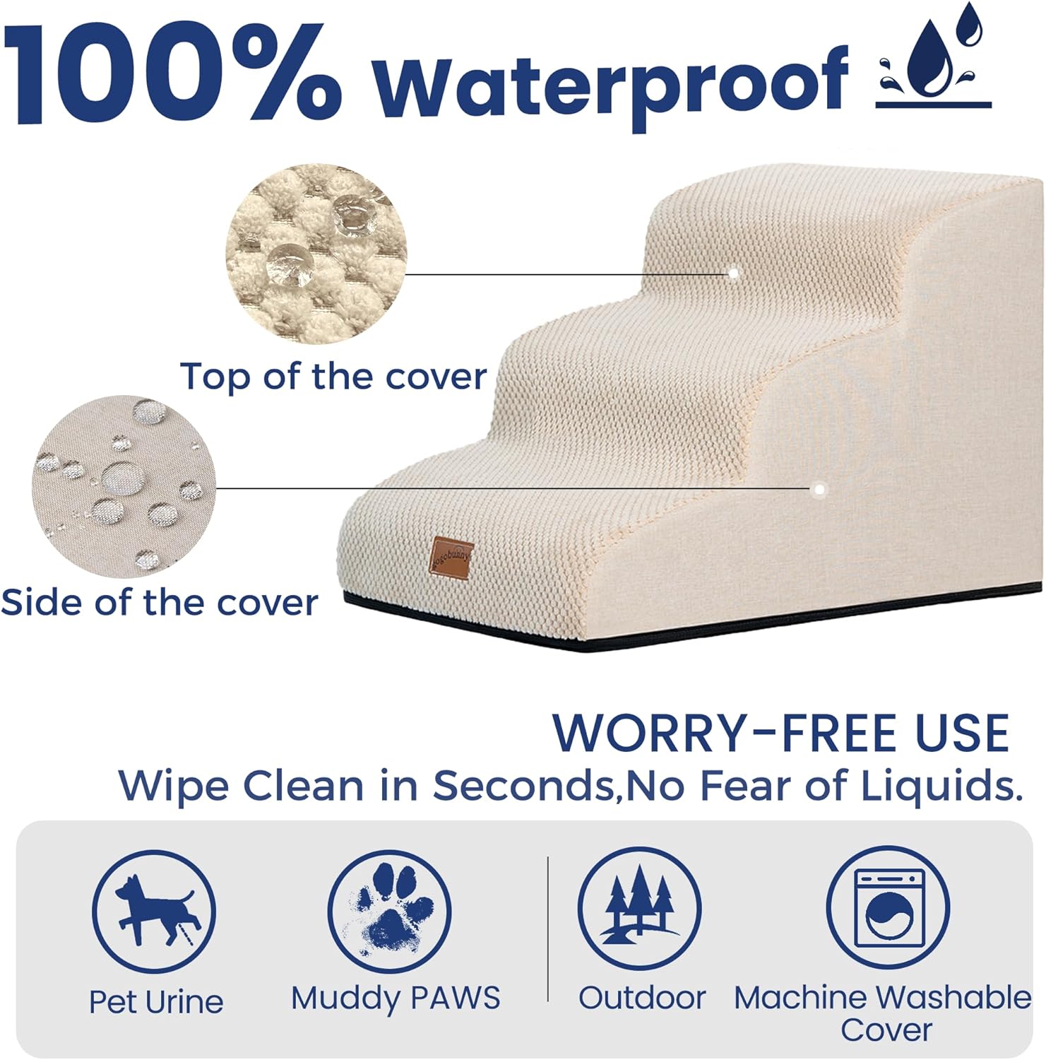 GoGoBunny Ramp Dog Stairs for Couch Sofa and Chair 15.7" H, 3-Step Pet Steps for Small Dogs and Cats, Non-Slip Waterproof Fabric Cover, Stable and Balanced Indoor Step, Pets Friendly, Beige - Pet Explorer