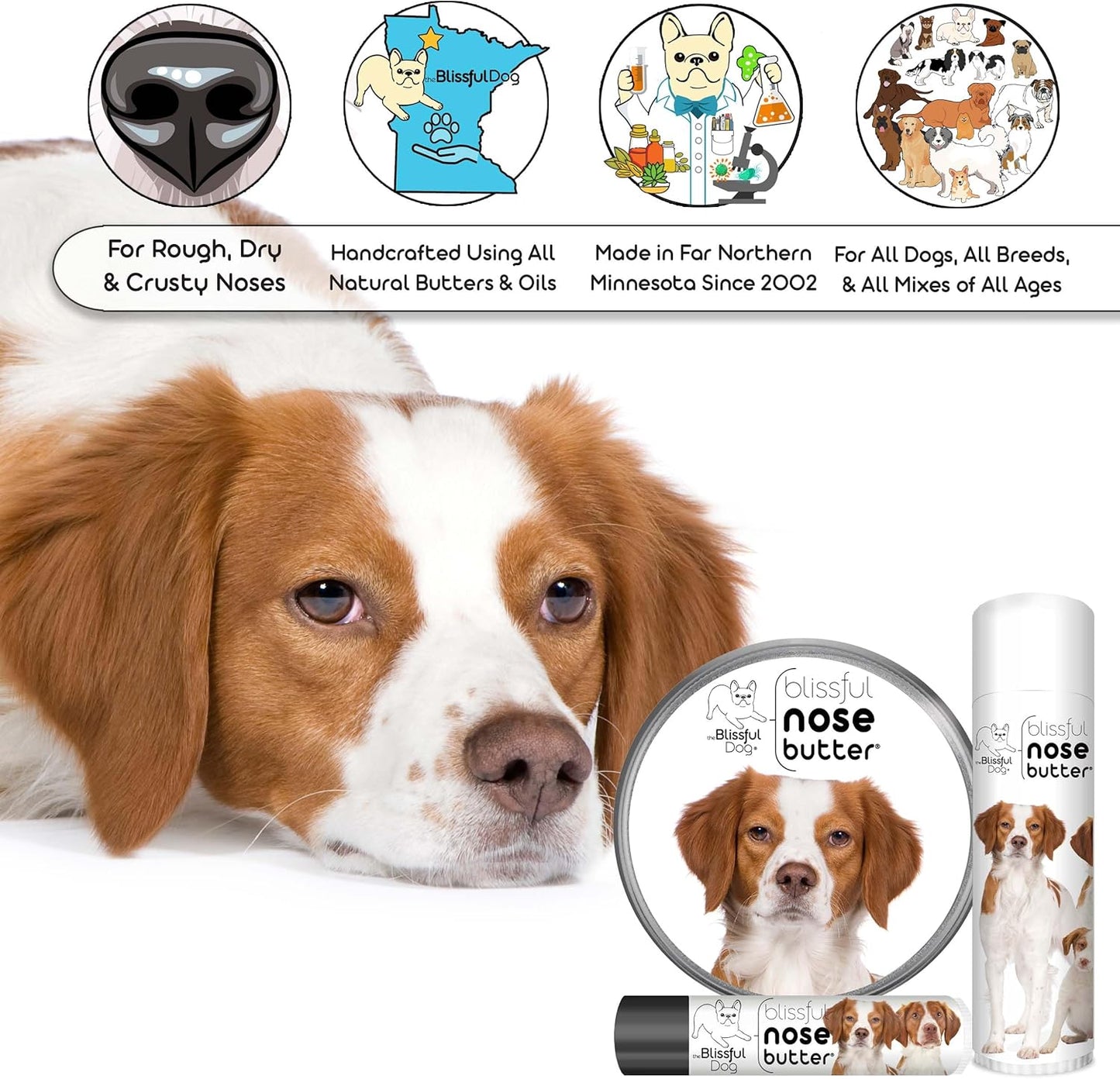 The Blissful Dog Brittany Spaniel Nose Butter for Dry, Cracked Skin, Lick-Safe Dog Nose Balm with Moisturizing Shea Butter, Almond, Olive, and Essential Oils, Pet Supplies, Uncented, 2 oz. - Pet Explorer