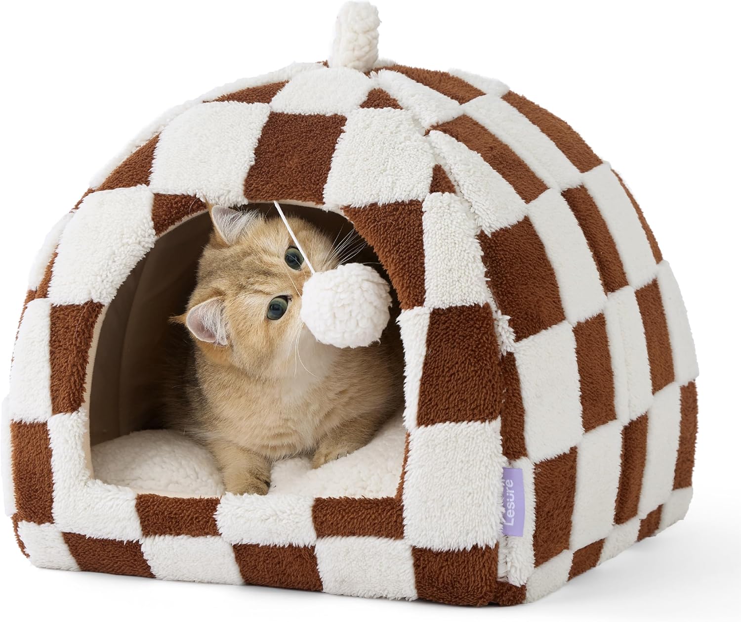 Lesure Cute Cat Beds for Indoor Cats - 2 in 1 Cat Cave Bed for Kittens and Small Pets, House with Removable Washable Cushioned Pillow, Cozy Tent House with Non-Slip Bottom, Brown, 16 inches - Pet Explorer