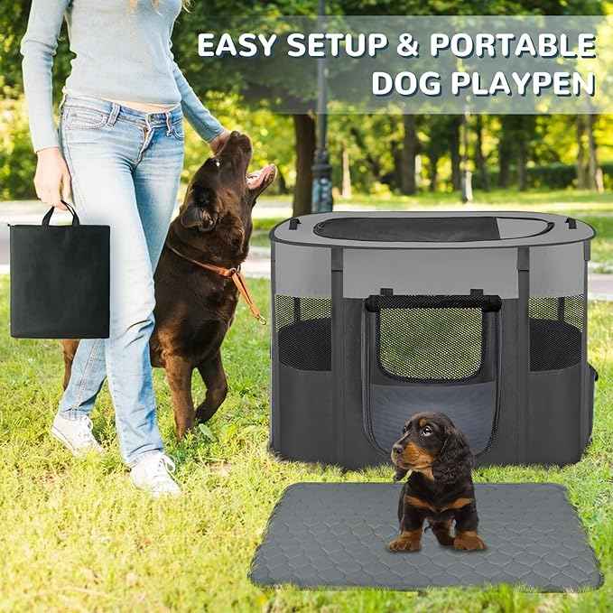 Pet Dog Cat Playpen with Waterproof Pad,Portable Puppy Kitten Rabbit Crate and Other Small Animals Kennel Cage Tent for Indoor Outdoor Travel Camping,Water-Resistant Breathable Shade Cover (Grey S)