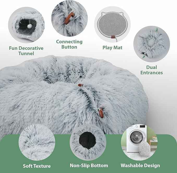 Cat Tunnel Donut Bed & Cat Scratch Pad, Interactive Cat Tunnels for Indoor Cats, Fits Multiple Cats Up to 15 lbs, Cozy and Durable Cat Hideaway Toy for Kittens, Puppies, Rabbits (Grey)