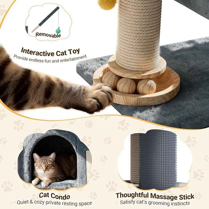 PetDance 37in All-in-1 Small Cat Tree for Indoor Cats | Space-Saving Cat Tower with Cozy Condo, Cat Window Perch, Sisal Scratching Posts, Interactive Ball Track Toy & Self-Grooming Brush,Light Gray