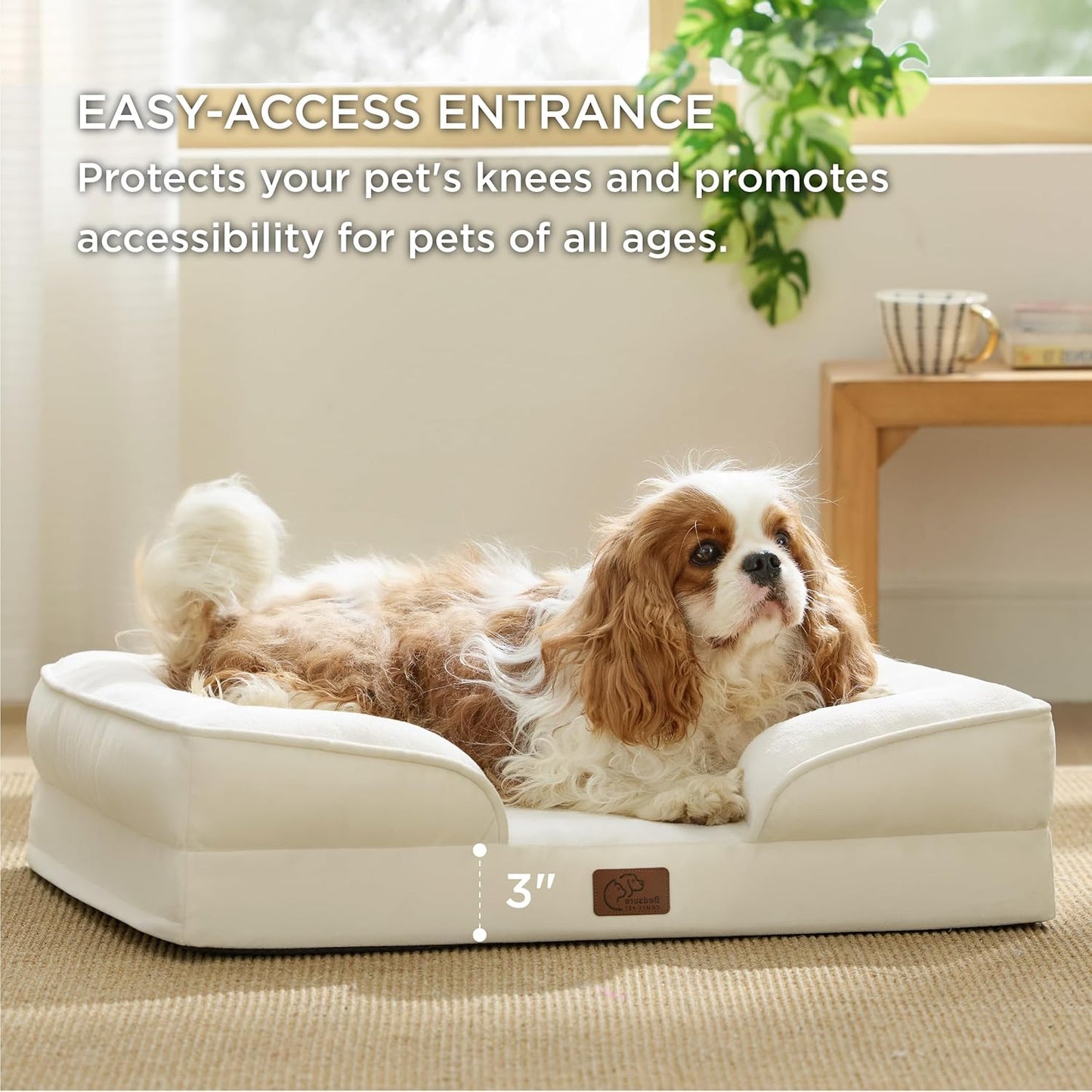 Bedsure Orthopedic Dog Bed Medium Size Dogs - Washable Medium Dog Cat Bed Waterproof, Comfort Pet Couch Sofa with Washable Removable Cover, Pets Bed with Nonskid Bottom, Ivory, 28" - Pet Explorer