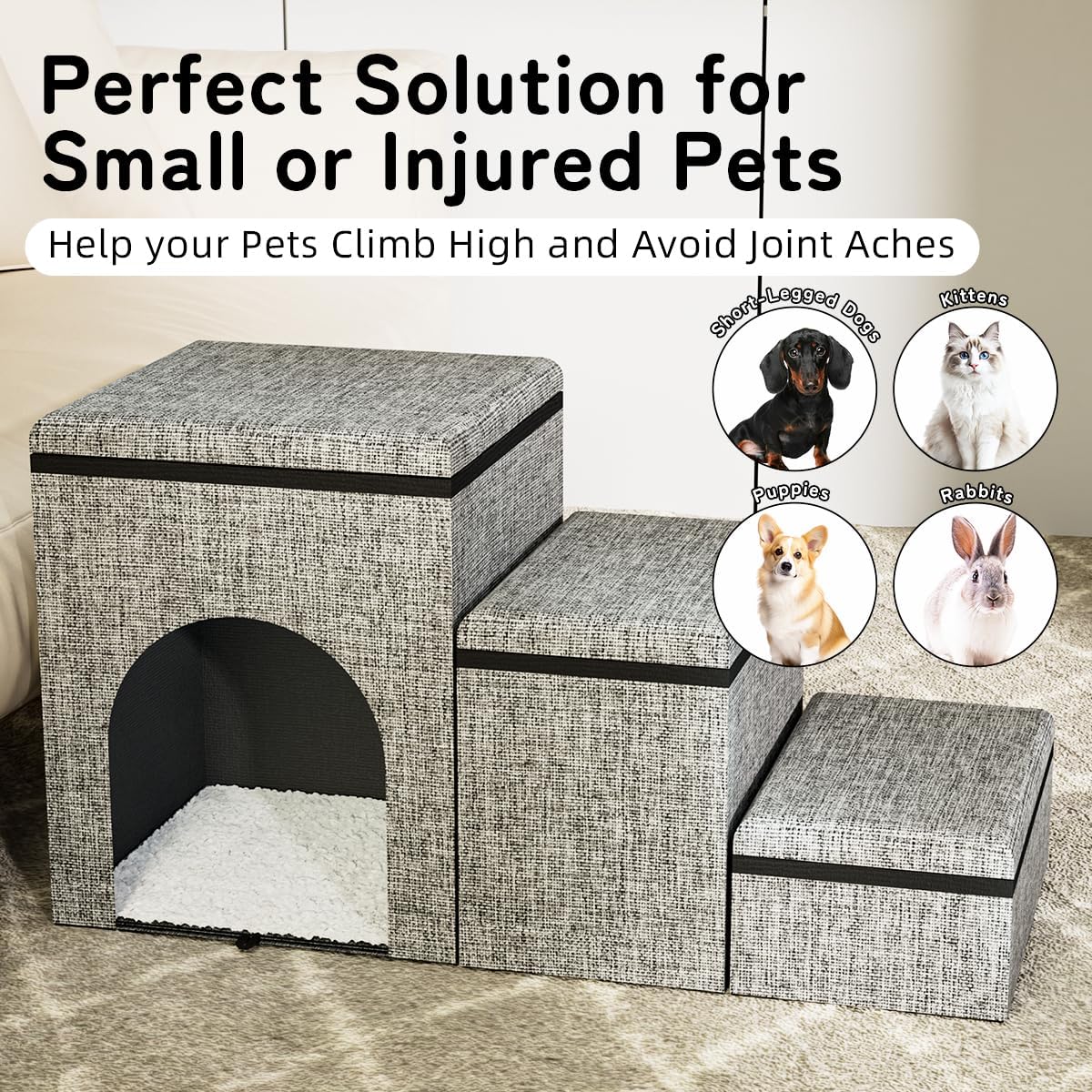 Dog Stairs with Storage, 3-Step Wider Dog Steps with Condo for Dogs and Cats, Pet Stairs for High Bed Climbing, Grey - Pet Explorer