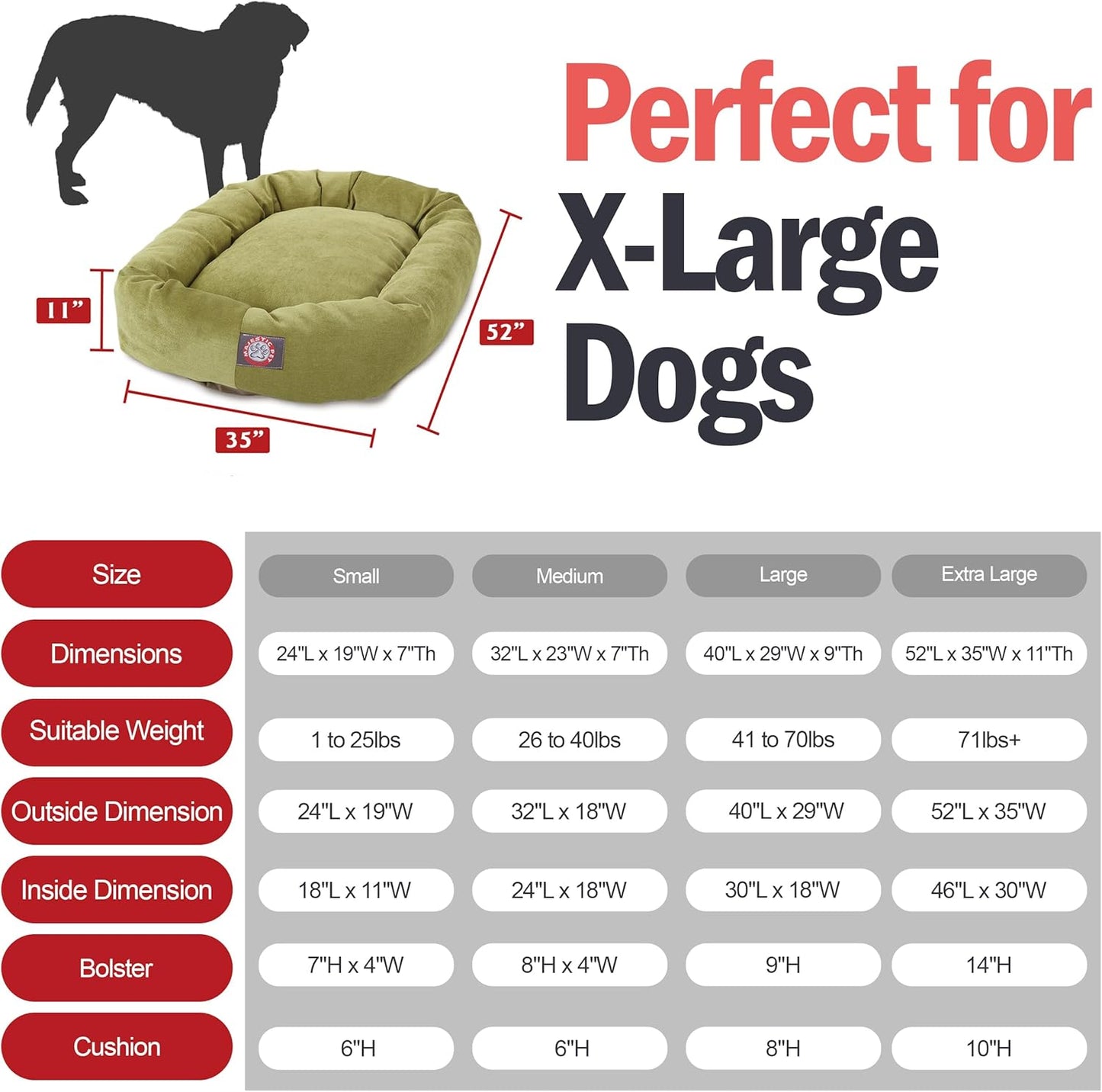 Majestic Pet Villa 52 Inch Shredded Memory Foam Dog Bed for X-Large Sized Dogs 52x35x11 Inch–Orthopedic Dog Bed with Removable Washable Cover-Washable X-Large Pet Bed with Head Support-Apple - Pet Explorer