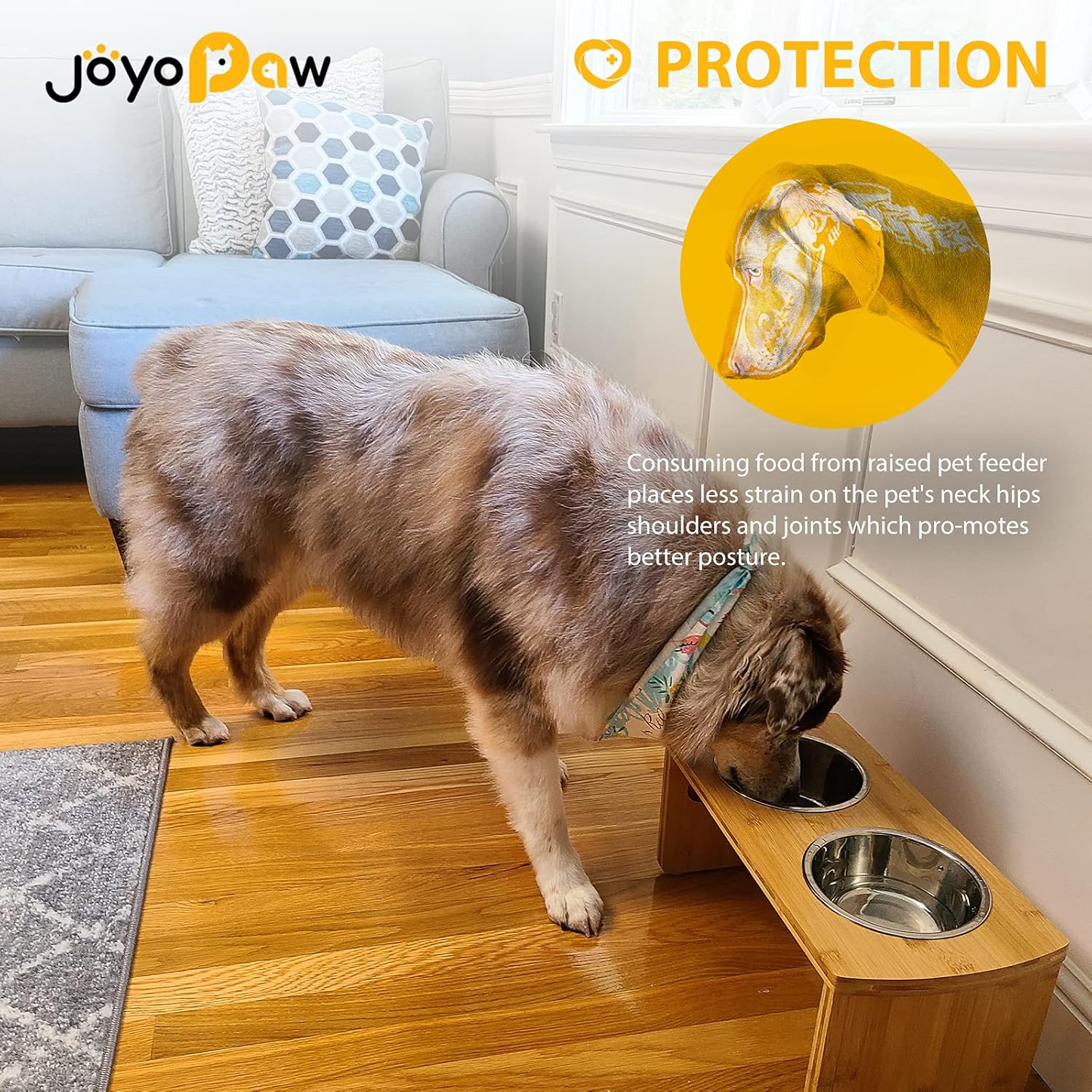Elevated Dog Bowls, Bamboo Raised Dog Bowl for Medium Dogs, with 2 Stainless Steel Bowls (7'' Tall-30 oz Bowl) - Pet Explorer