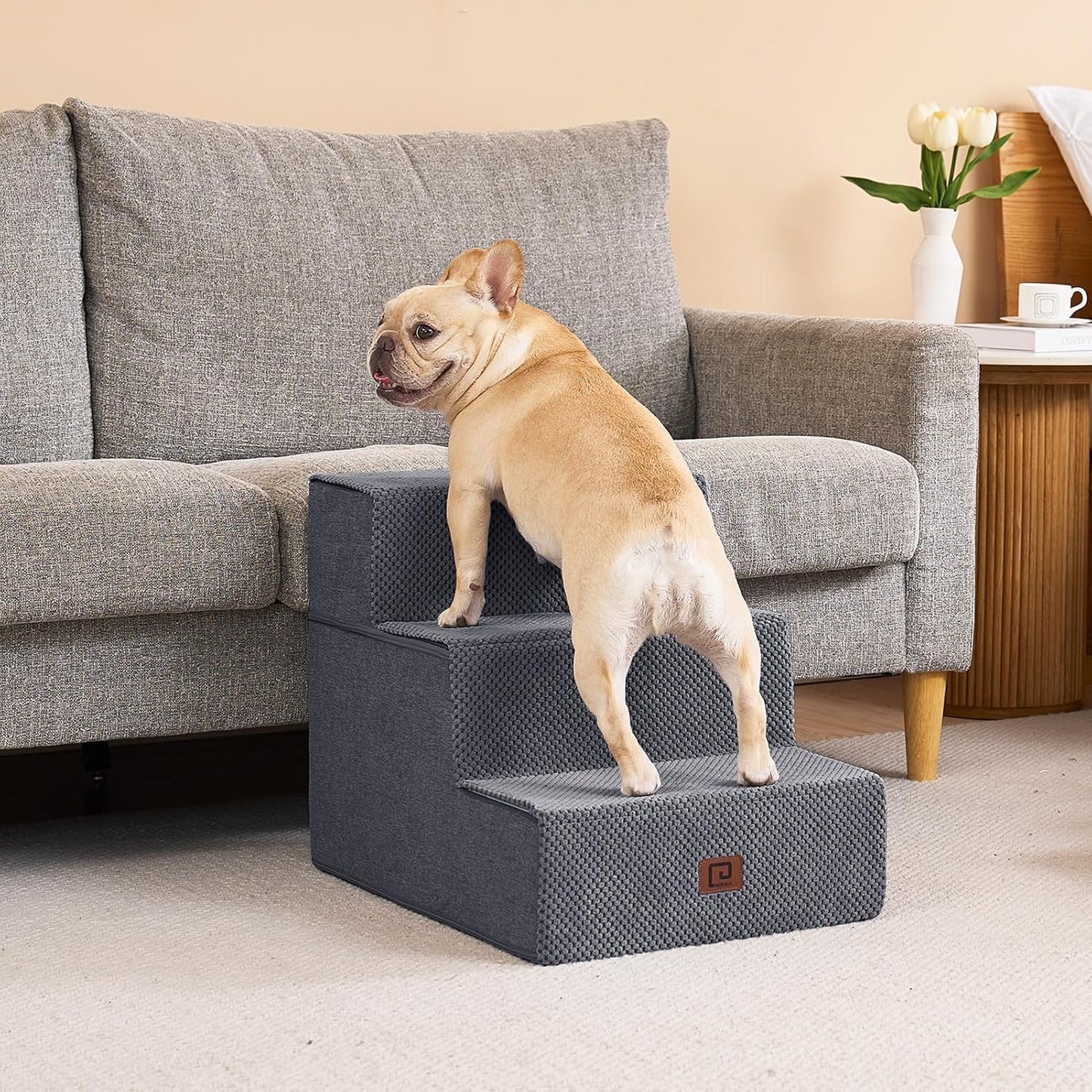 EHEYCIGA Dog Stairs for Small Dogs 16.5" H, 3-Step Extra Wide Dog Steps for Couch Sofa and Chair, Pet Steps for Medium Cats, Non-Slip Balanced Pet Ramp Indoor, Grey - Pet Explorer