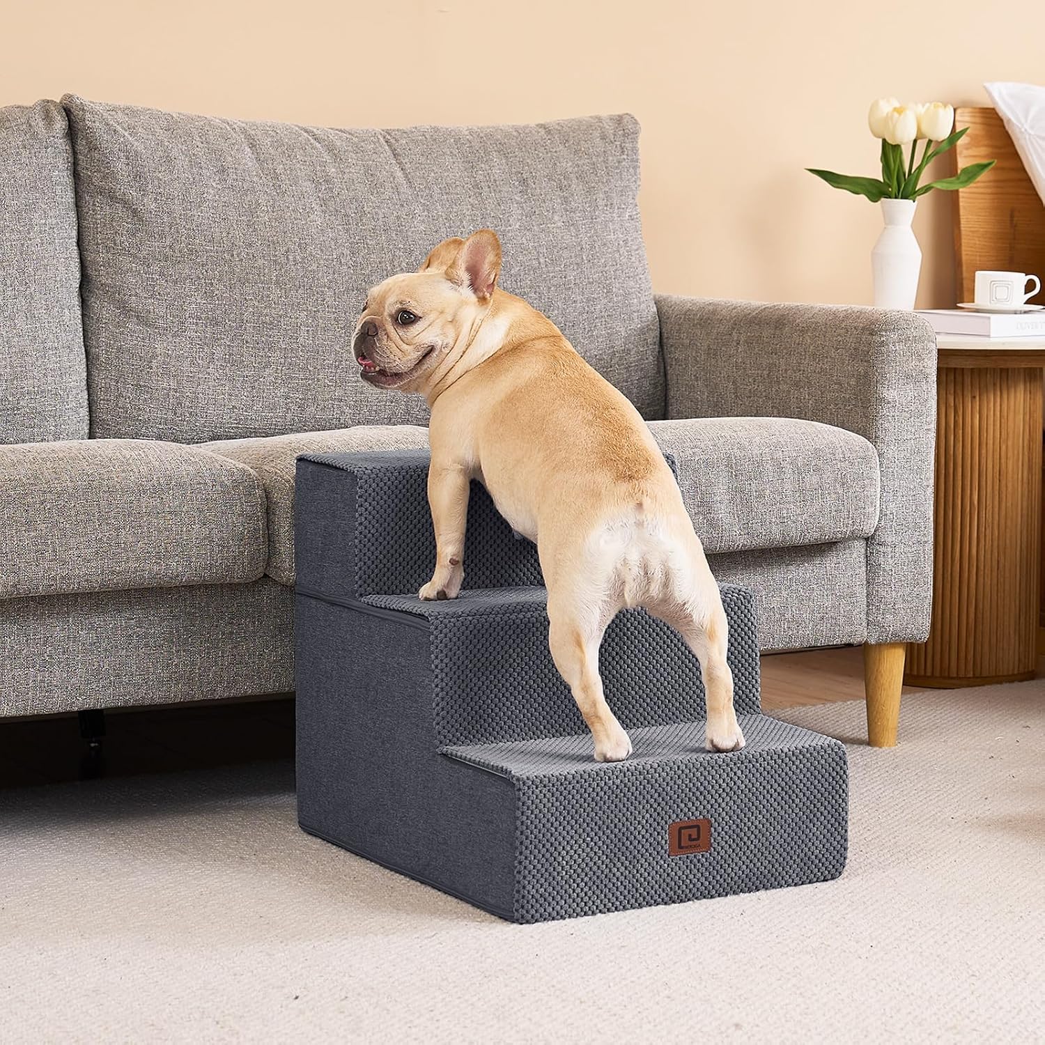 EHEYCIGA Dog Stairs for Small Dogs 16.5" H, 3-Step Extra Wide Dog Steps for Couch Sofa and Chair, Pet Steps for Medium Cats, Non-Slip Balanced Pet Ramp Indoor, Grey - Pet Explorer