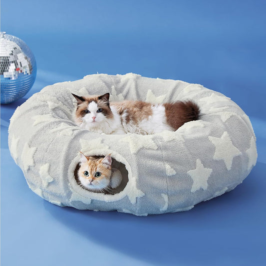 Lesure Cat Tunnel Bed for Indoor Cats - Cute Cat Donut Tunnel Toys for Small Large Cats with Washable Circle Cushion, Round Pet Peekaboo Cave Toy for Kitten/Puppy/Rabbit, Standard Grey - Pet Explorer