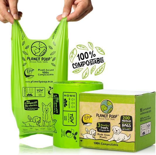 PLANET POOP Home Compostable Dog Poop Bags Extra Long with Handles | Large Single Roll 200 Grab & Go | Un-scented Dog Waste Bag | Leakproof Doggy & Cat Bags | Plant-Based Pet Supplies - Pet Explorer