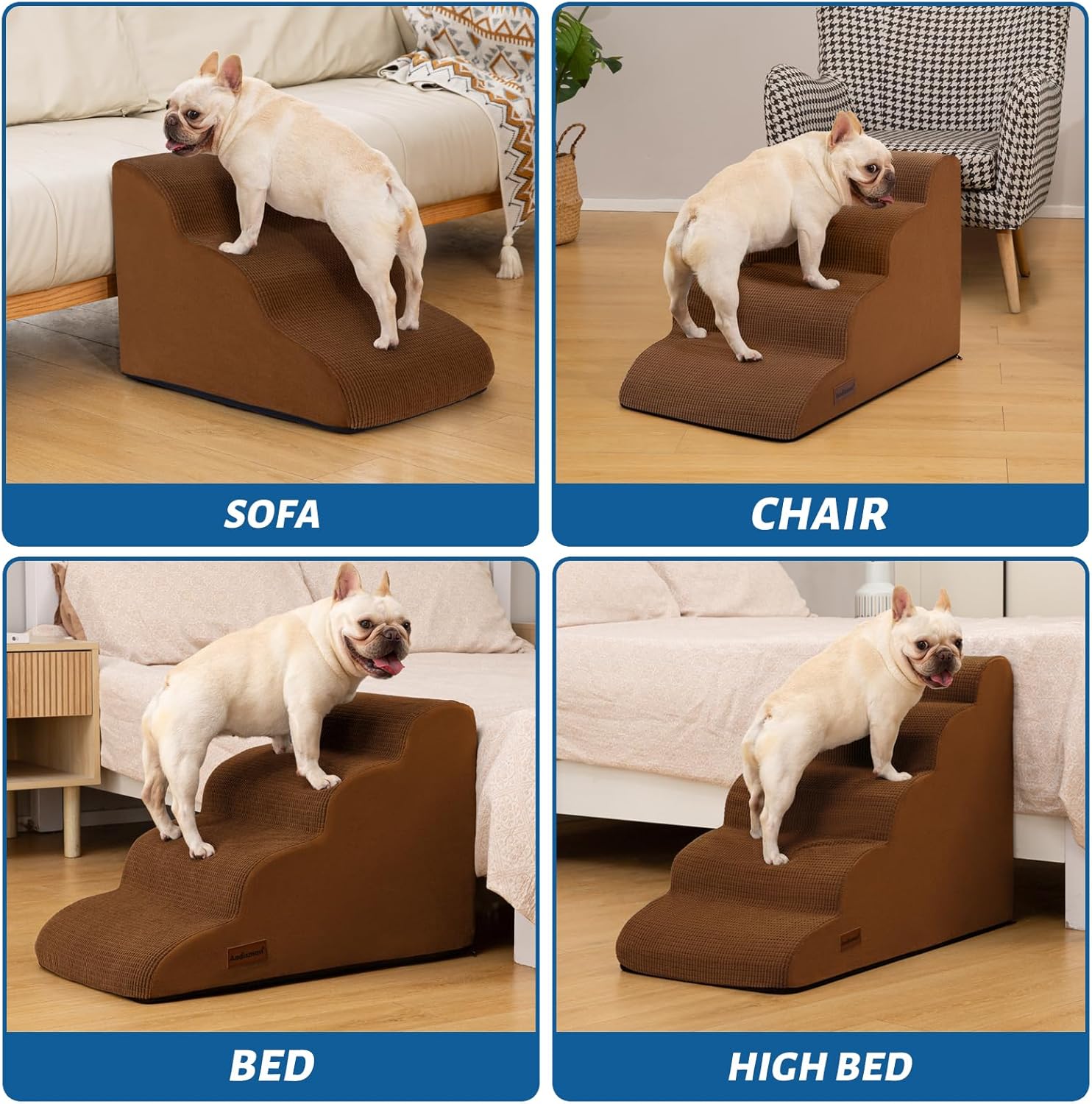 4-Step Dog Stairs and Ramp for Beds or Couches – Non-Slip Sturdy Pet Steps for Small Dogs and Cats,17.4" H,Brown - Pet Explorer