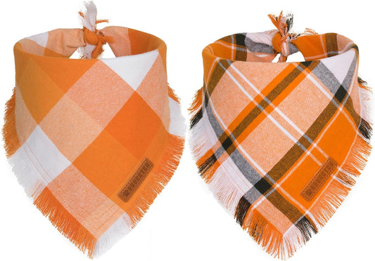 ADOGGYGO Fall Dog Bandanas, Halloween Thanksgiving Pet Bandana, Multiple Sizes Offered, Orange Plaid Fall Holiday Bandana for Medium Large Dogs Pets (Large)