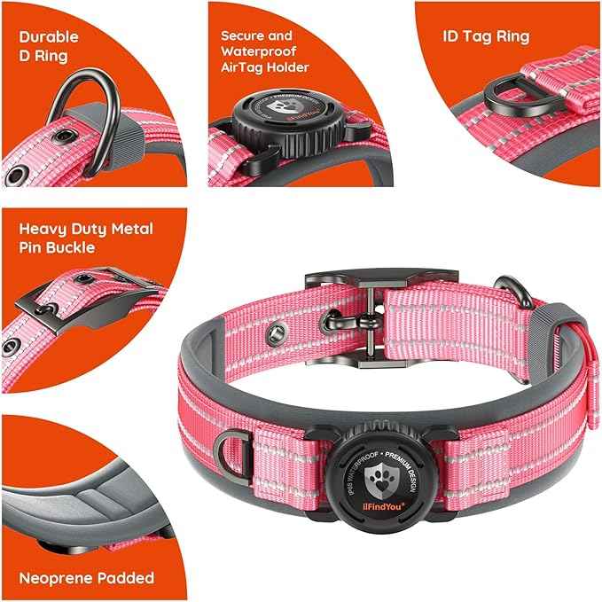 Upgraded AirTag Dog Collar with Holder, Waterproof Reflective Air Tag Dog Collar with Widened Comfortable Padding & Ultra-Durable Metal Buckle, Adjustable for Medium Dogs (M, Rose Red)