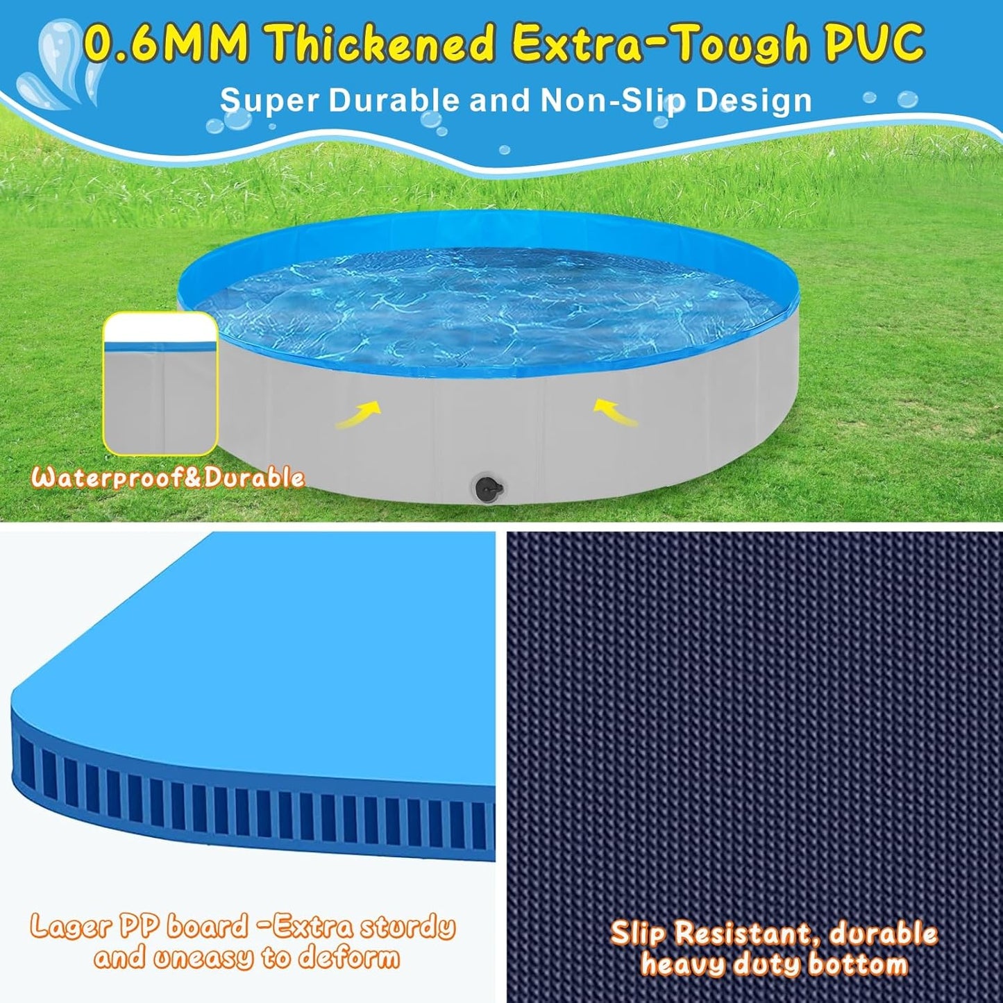 Foldable Dog Pool, 63" Kiddie Pool Hard Plastic, Portable Dog Swimming Pool for Large Dogs, Collapsible Pet Wading Pool & Bath Tub Outdoor Kids Pool Anti-Slip - Pet Explorer