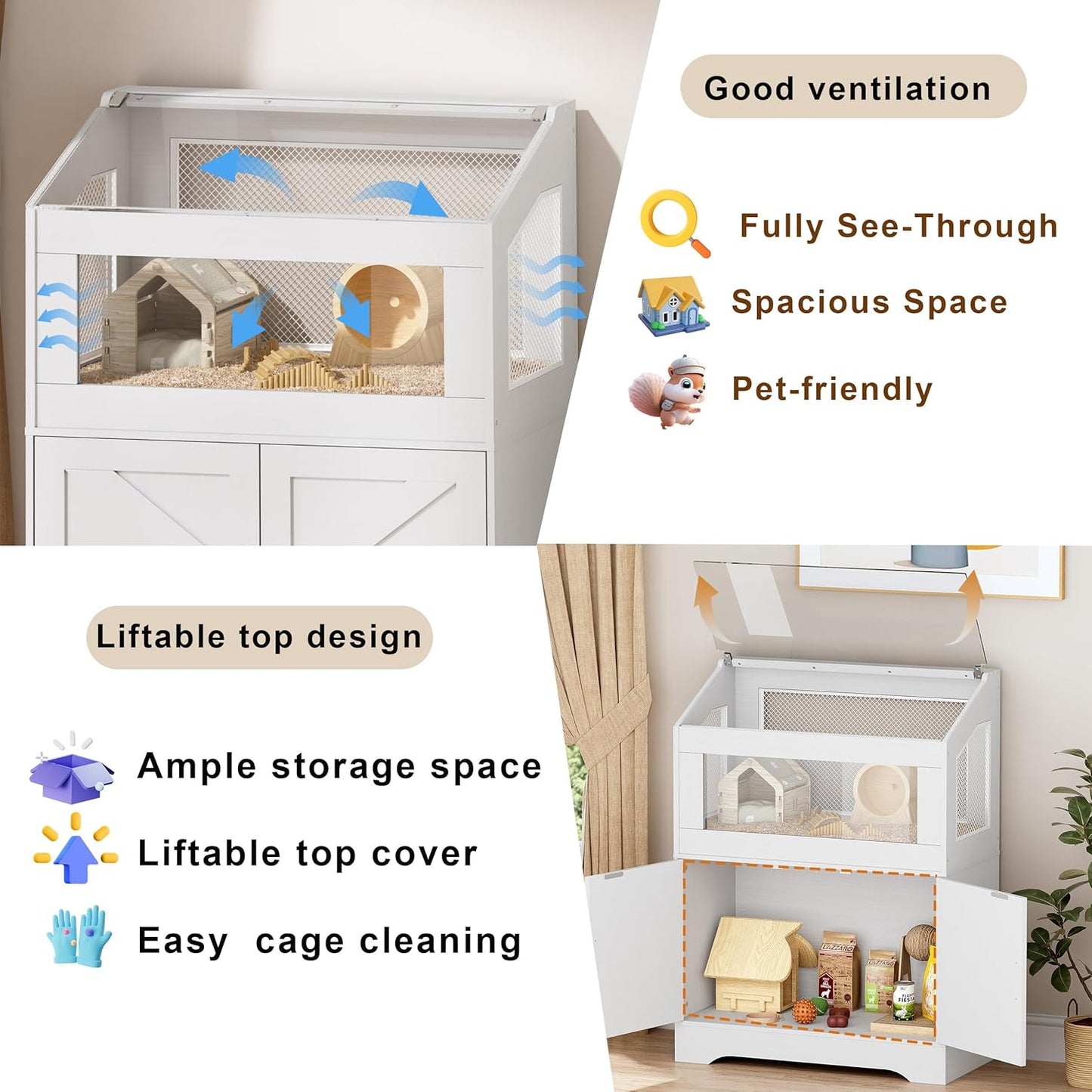 PAKASEPT Hamster Cage, Small Animal Cages with Storage Cabinet, Visual and Ventilated Large Habitats Hamster House for Rat, Guinea Pig, Hedgehog, Gerbil, White