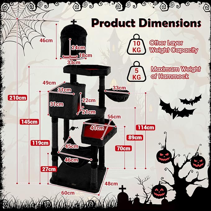 PETSITE 83 Inch Tall Gothic Cat Tree, Multi-Level Halloween Cat Tower with Coffin Beds, Scratching Posts, 2 Cat Condos, Dangling Balls, Hammock, and Basket Bed, Goth Cat Tree for Indoor Cats, Black