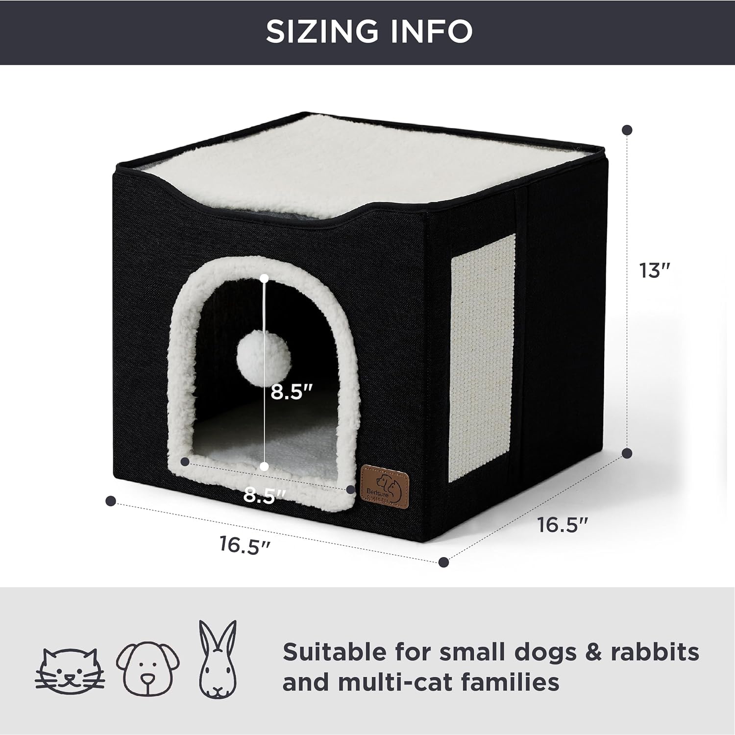 Bedsure Cat Beds for Indoor Cats - Large Cat Cave for Pet Cat House with Fluffy Ball Hanging and Scratch Pad, Foldable Cat Hideaway, 16.5x16.5x13 inches, Black - Pet Explorer